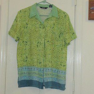 DPS NEW YORK Short Sleeve Green Blue Rayon Top Blouse Medium